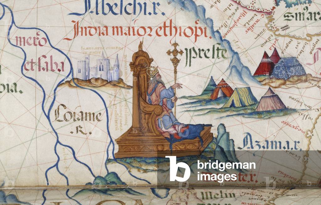 [Detail] Prester John sitting on his throne in Ethiopia; part of a map of East Africa. He was a mythical king