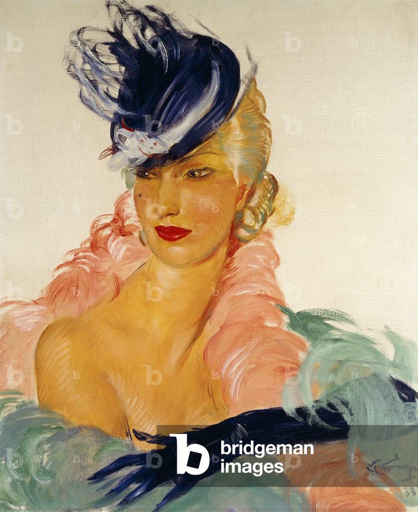 giovani donna in un blu cappello olio su tela