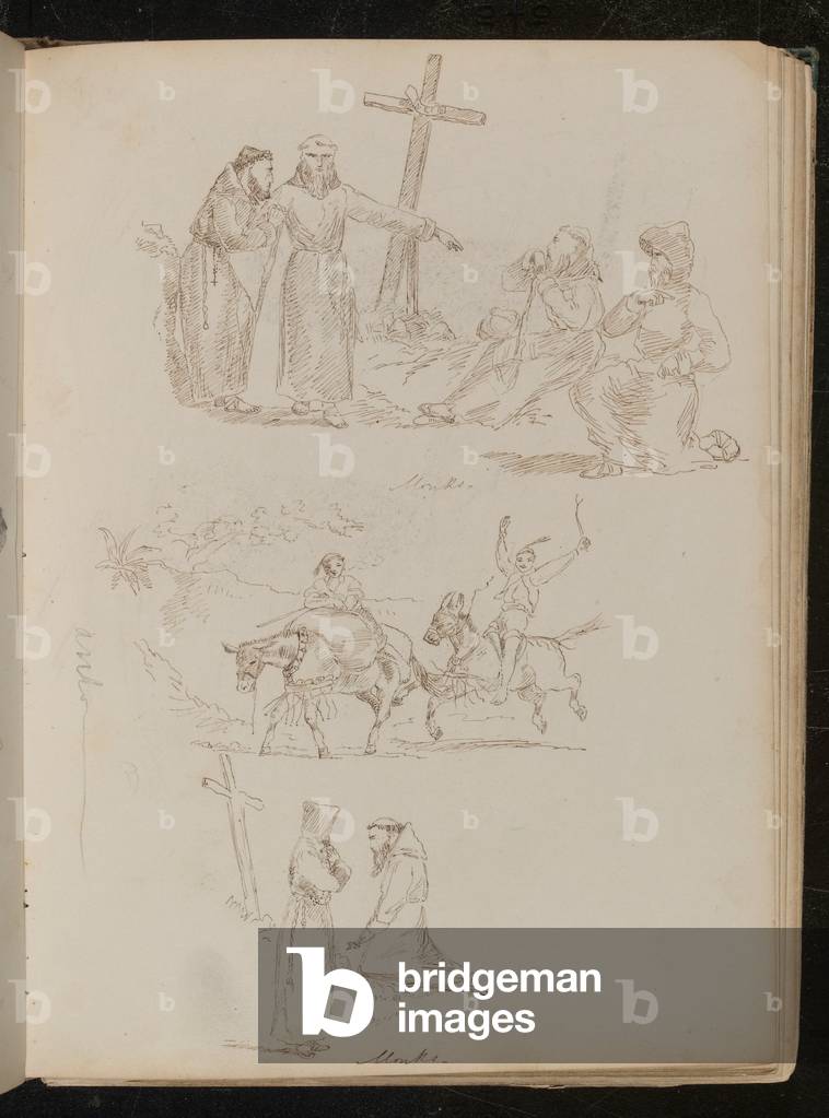 Bild von Zeichnung "Vier Figuren neben Holzkreuz" 1860 von Lady Butler