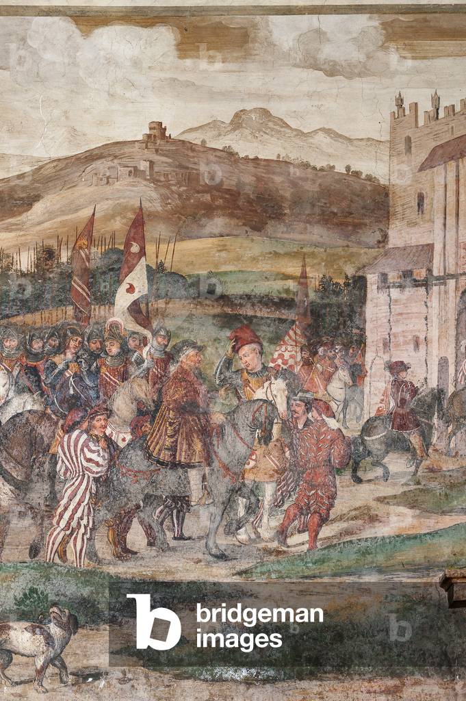 Immagine di Affresco "Dettaglio della visita di Cristiano I di Danimarca a Bartolomeo Colleoni" di Girolamo Fo