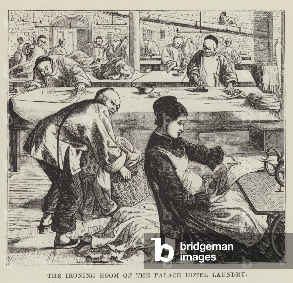 La sala da stiro del Palace Hotel lavanderia (incisione)