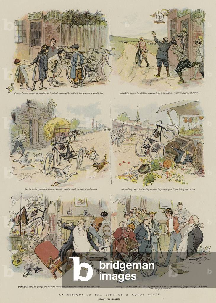 An Episode in the Life of a Motor Cycle (colour litho) by English Artist
