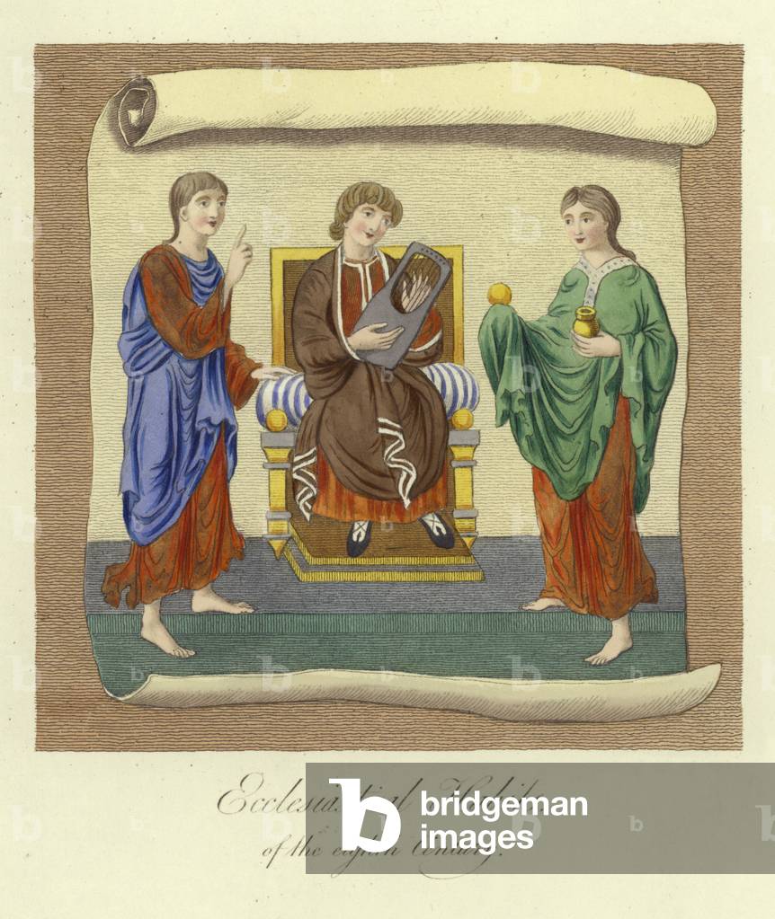Ecclesiastical habits of the 8th Century (coloured engraving)