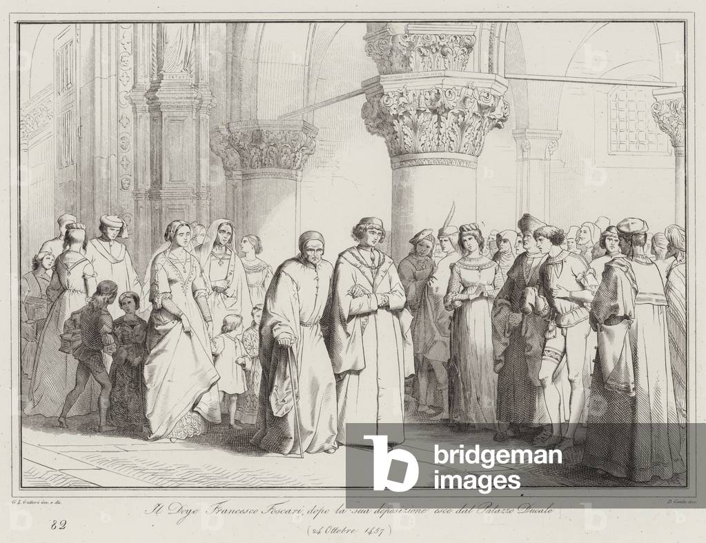 Il Doge Francesco Foscari, dopo la sua deposizione esce dal Palazzo Ducale, 1457 (incisione)