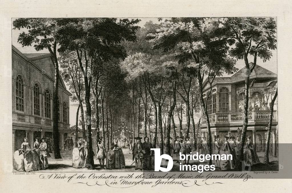 Una vista dell'orchestra con la banda di musica, la Grand Walk ecc nei Marylebone Gardens (incisione)
