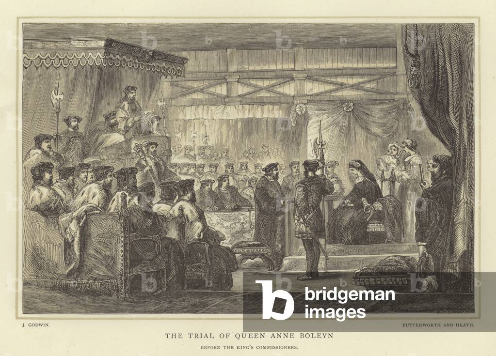 "Der Prozess der Königin Anne Boleyn" von English School, b/w