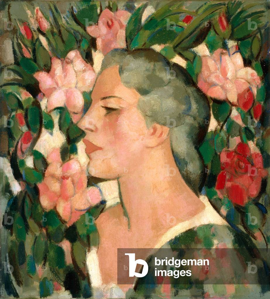 Kopf mit Rosen, Porträt von Jean Brandt, 1952 (Öl auf Tafel)