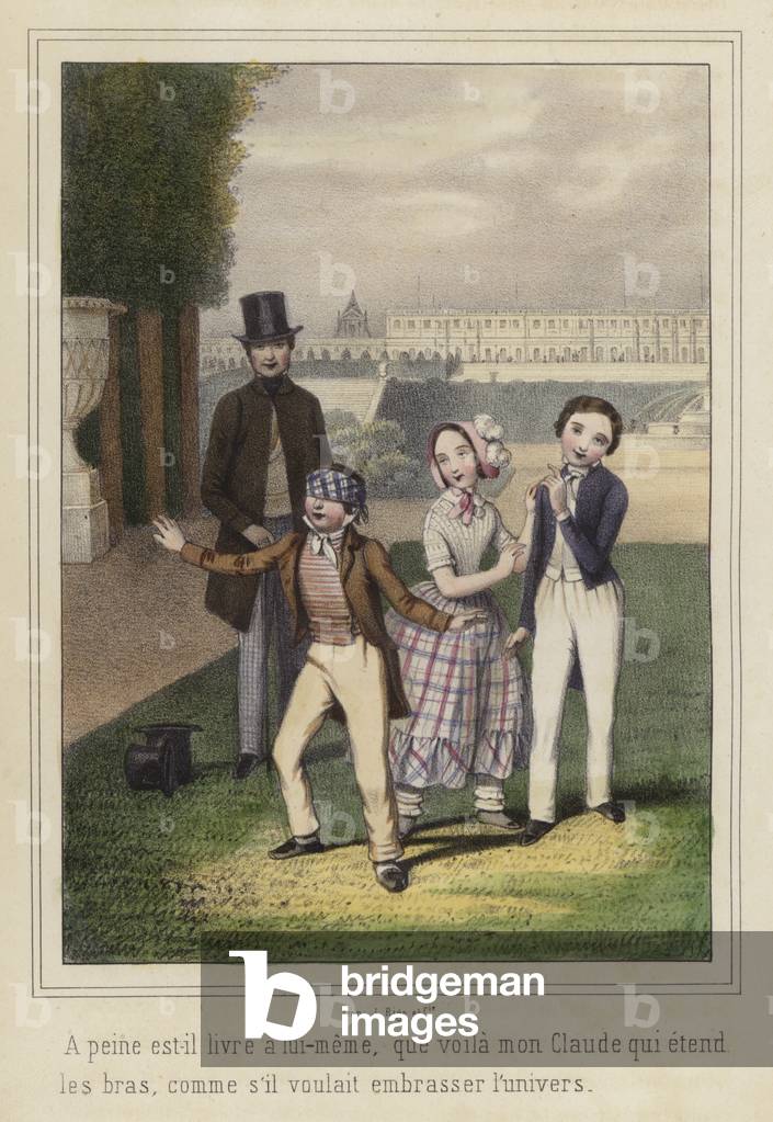 Boy playing blind man's buff (colour litho) by French Artist
