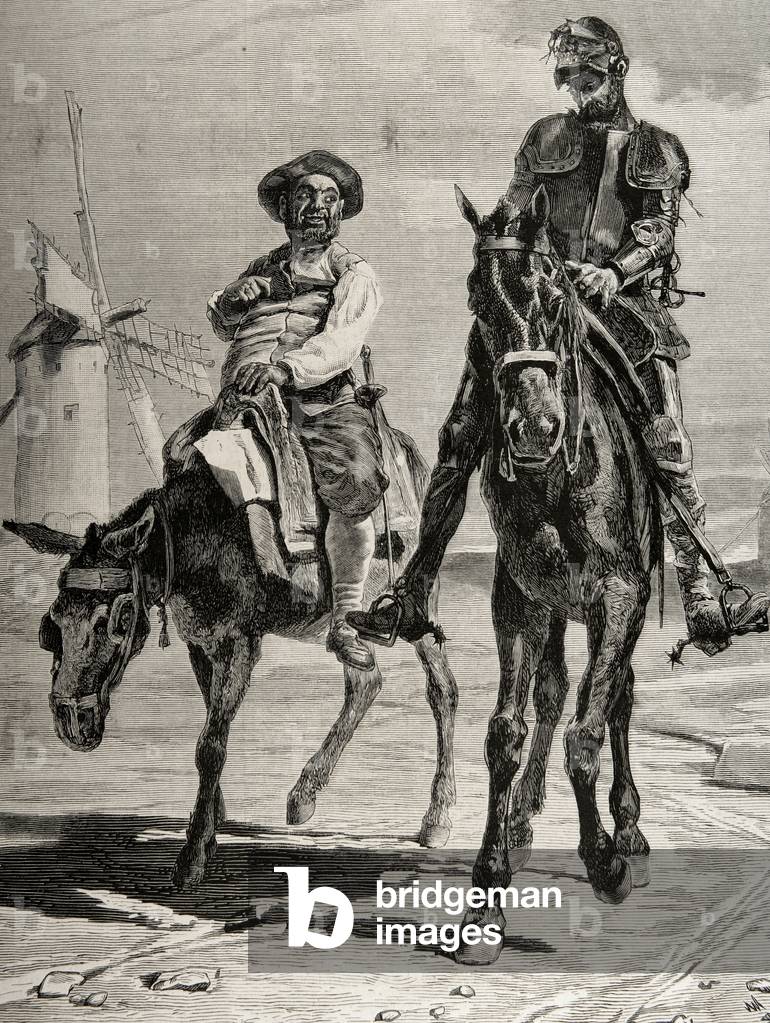 "Gespräch zwischen Don Quixote und Sancho Panza nach dem Abenteuer der Windmühlen. Gravur." von Spanish School