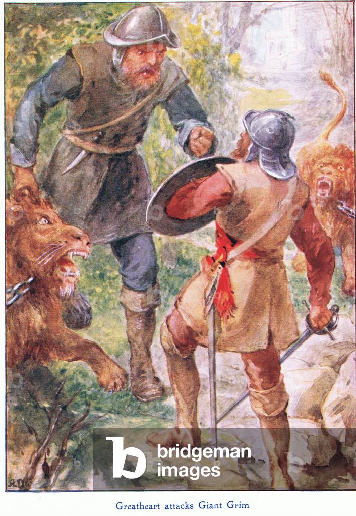 Grande Cuore attacca Giant Grim, da The Pilgrims Progress pubblicato da John F Shaw & Co, c.1900 (colore lito)