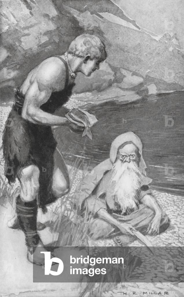 Image of Print depicting Fionn mac Cumhaill finding the Salmon of Knowledge (litho) 1901 by Harold Robert Mill
