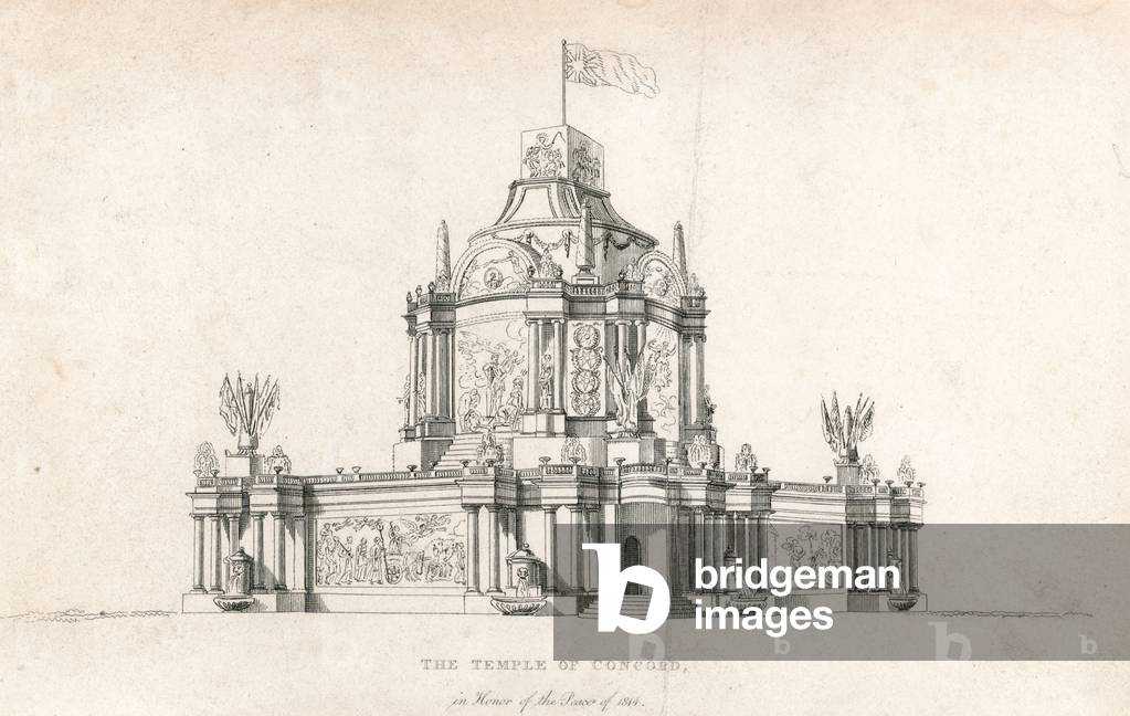 "Tempio della Concordia per la Pace del 1814 (incisione)" di English School, b/w