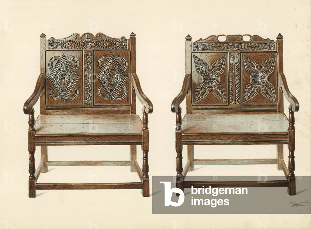 Oak Double Chairs (gallese), proprietà di H Clarence Whaite (chromolitho)