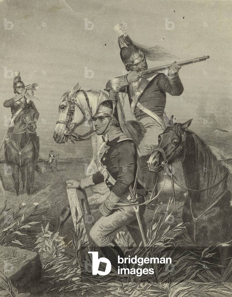 Bild von Druck "Lee's Kavallerie Scharmützel bei der Schlacht von Guilford" 1858 von Alonzo Chappel, b/w