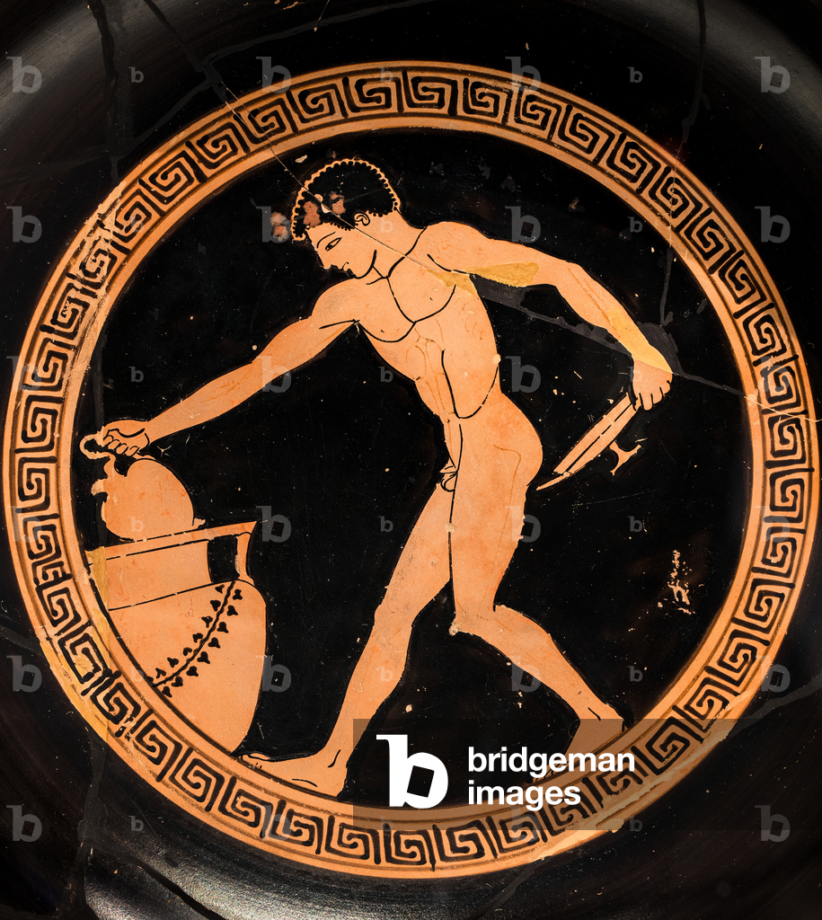 Image of Decorative Arts depicting Cup: boy preparing to draw the dyonisic liquid (Red-figured ceramic -490 by