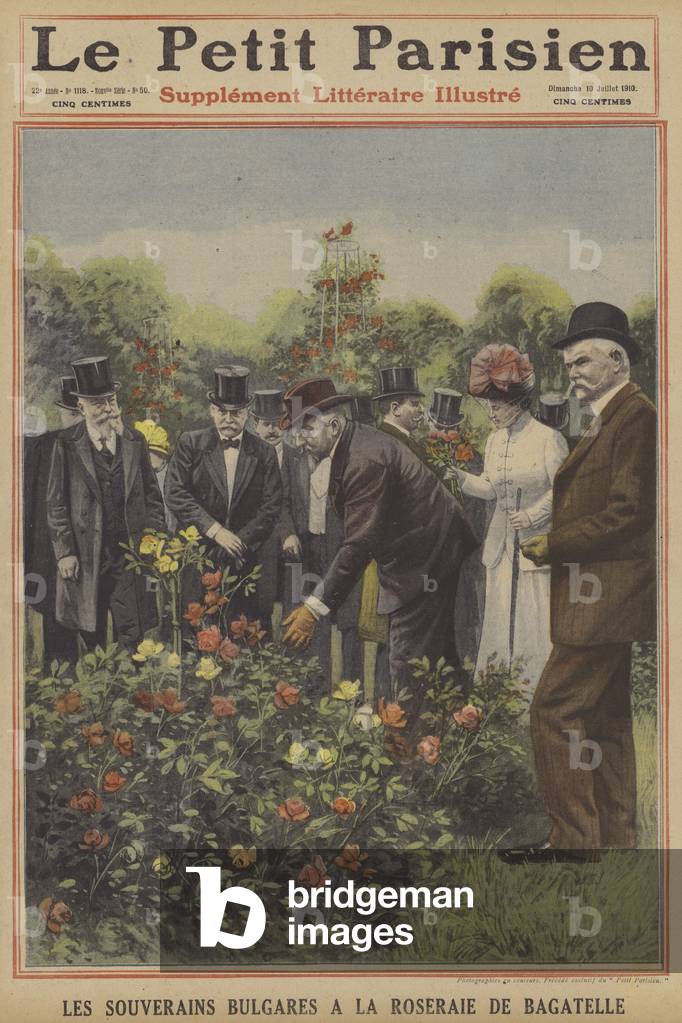 Tsar Ferdinand I and Tsaritsa Eleonore of Bulgaria visiting the rose garden in the Parc de Bagatelle, Paris (c