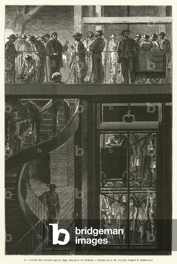 La descente des mineurs par la cage 1801 par French School, b/w