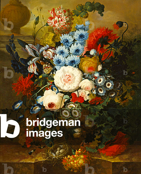 Nelken, Morgen Ruhm, Rosen, Auriculas, Hyazinthe und andere blumen, mit einem Vogelnest auf einer Marmorkante,