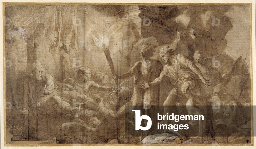 Image of Drawing depicting Hercules lying beside Omphale  (drawing) 1501 by Francesco Primaticcio