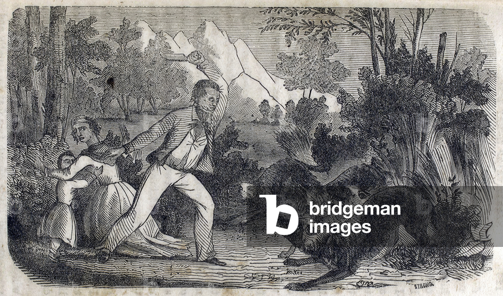 A man standing in front of a woman and child fighting off dogs by American Artist