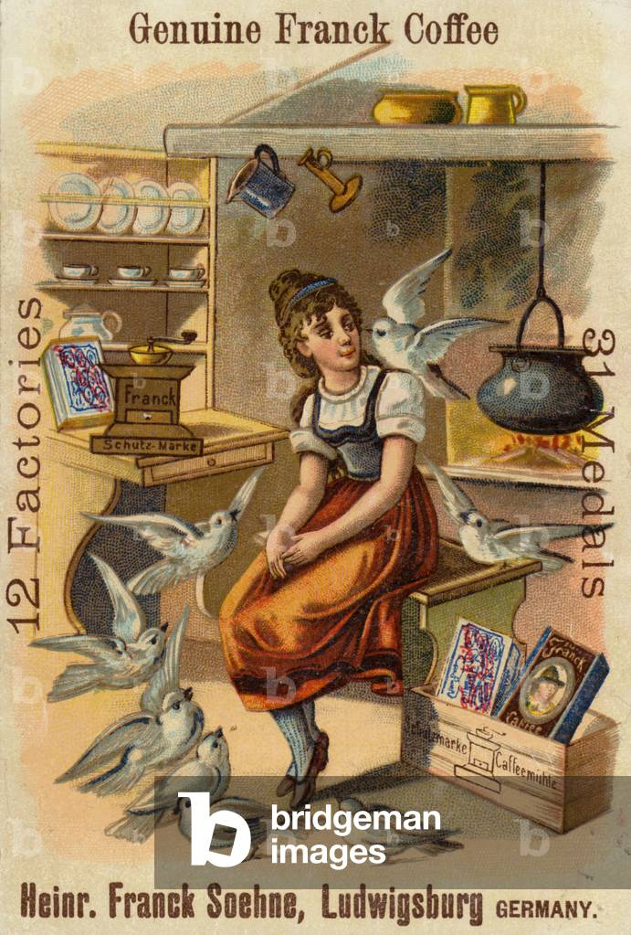 Mädchen mit Tauben, Werbung echte Franck Kaffee (chromolitho)
