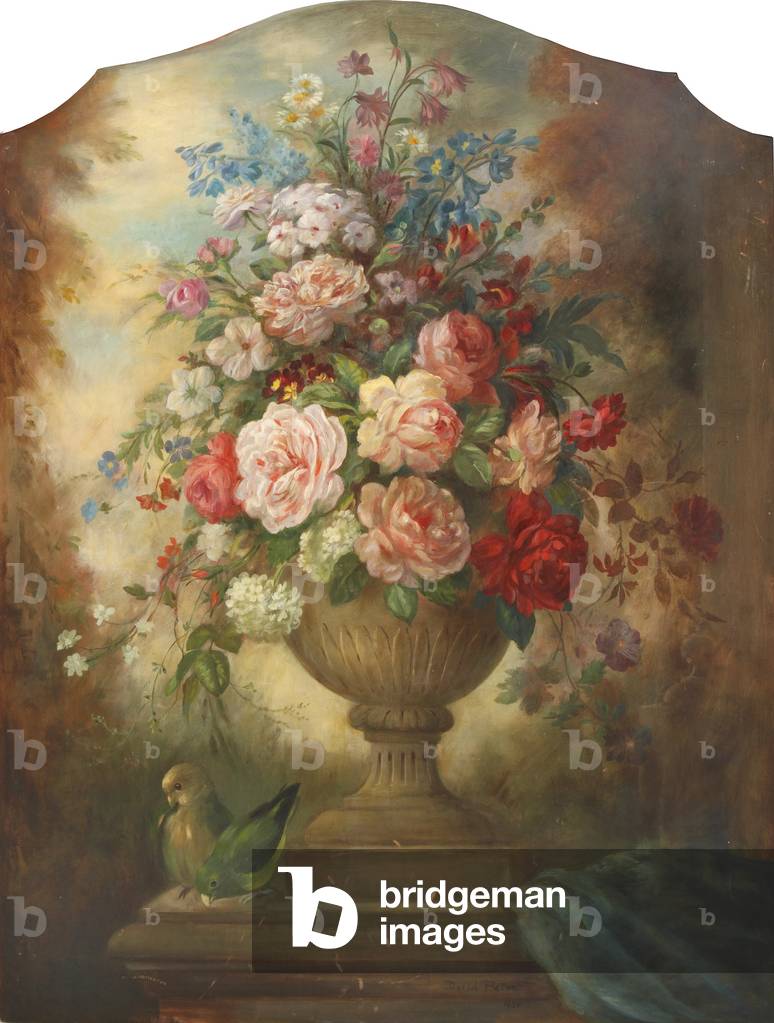Parafuoco con fiori in un urna con un uccello (olio su legno di noce)
