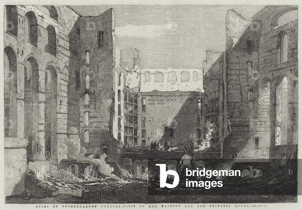 Ruinen von Covent-Garden Theater, Besuch Ihrer Majestät und der Prinzessin Royal (Gravur)