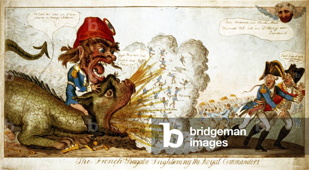 Il francese Bugabo spaventando i comandanti reali Isaac Cruikshank, aprile 1797. Bonaparte, su draghi sputando