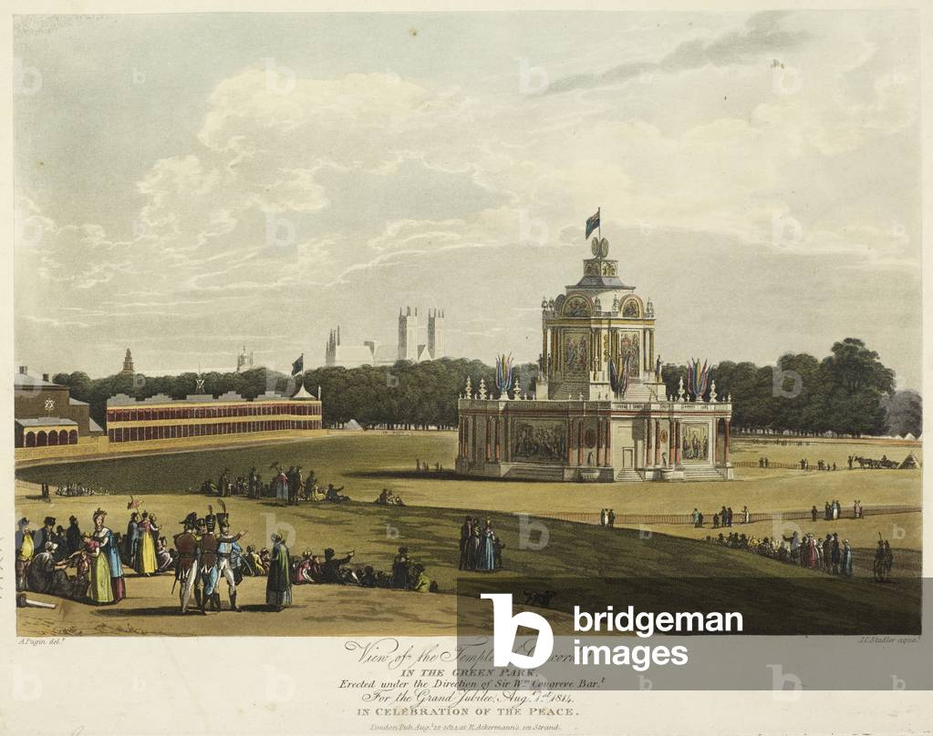 Veduta di un tempio elaborato impostato nel parco; figure seduti su erba e in piedi su un sentiero; Abbazia di