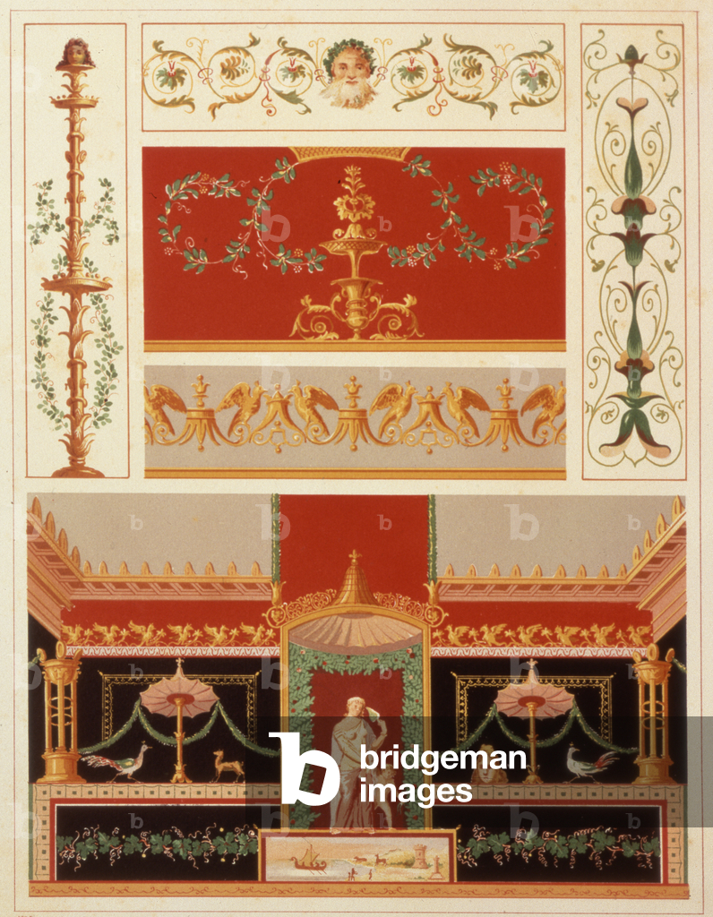 Riproduzione di un antico dipinto murale pompeiano, XIX secolo (acquerello e matita)