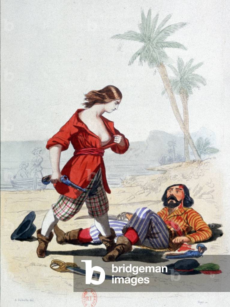 Mary Jane Read, Piratin, zeigt ihre Weiblichkeit, 1852 (Kupferstich)