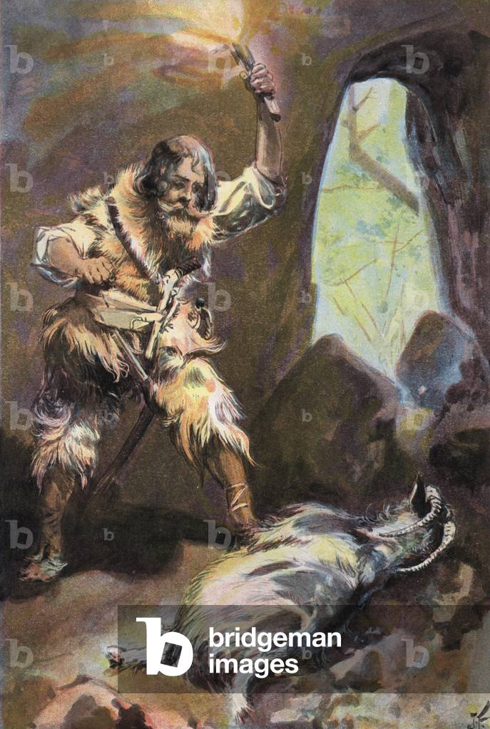 "Robinson Crusoe: Vedo un vecchio capro (lito a colori)" 1901 di Joseph Finnemore