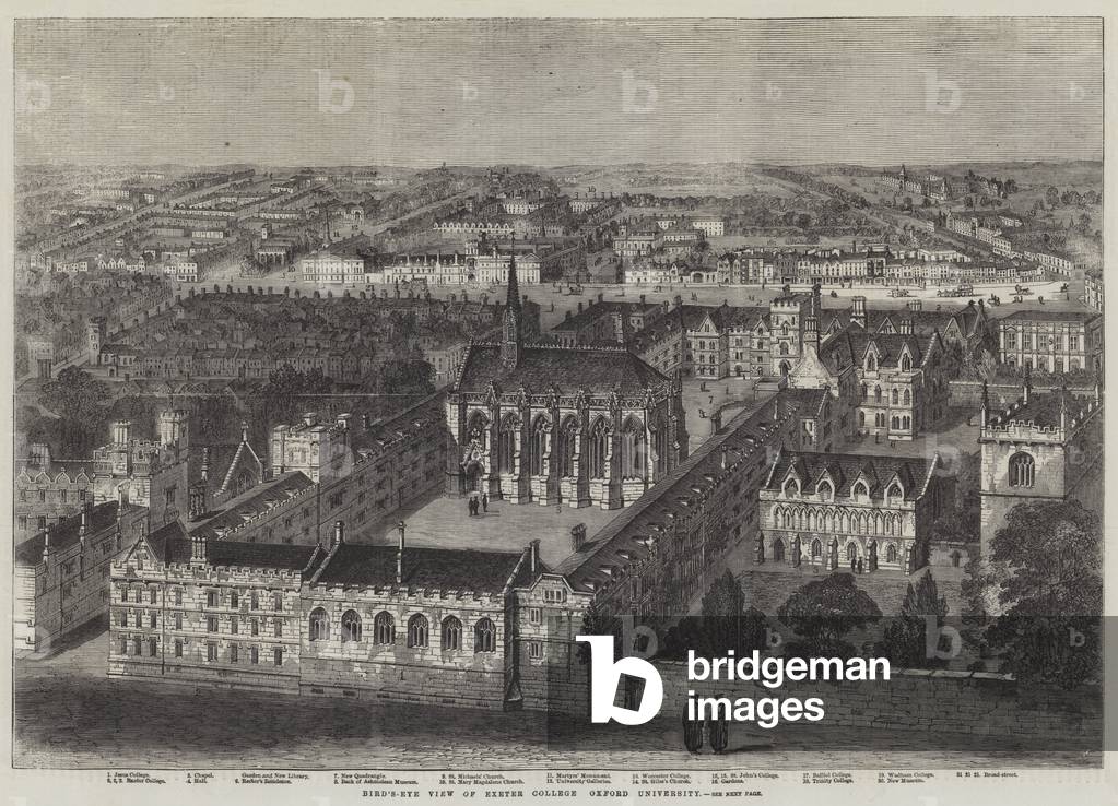 "Bird-Eye Vista di Exeter College" 1859 di English School, b/w