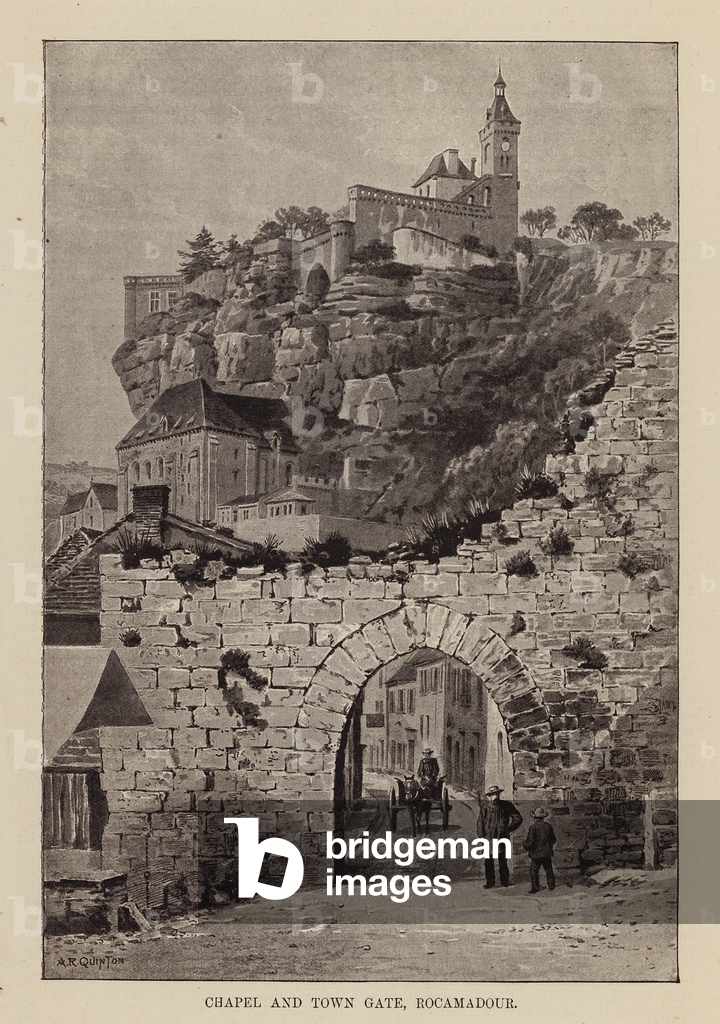 Chapel and town gate, Rocamadour (litho)