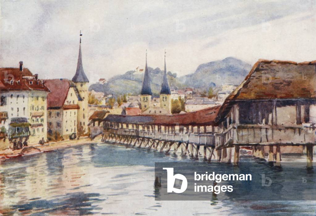 Svizzera, 1900: Lucerna, Ponte Vecchio (litografia a colori)