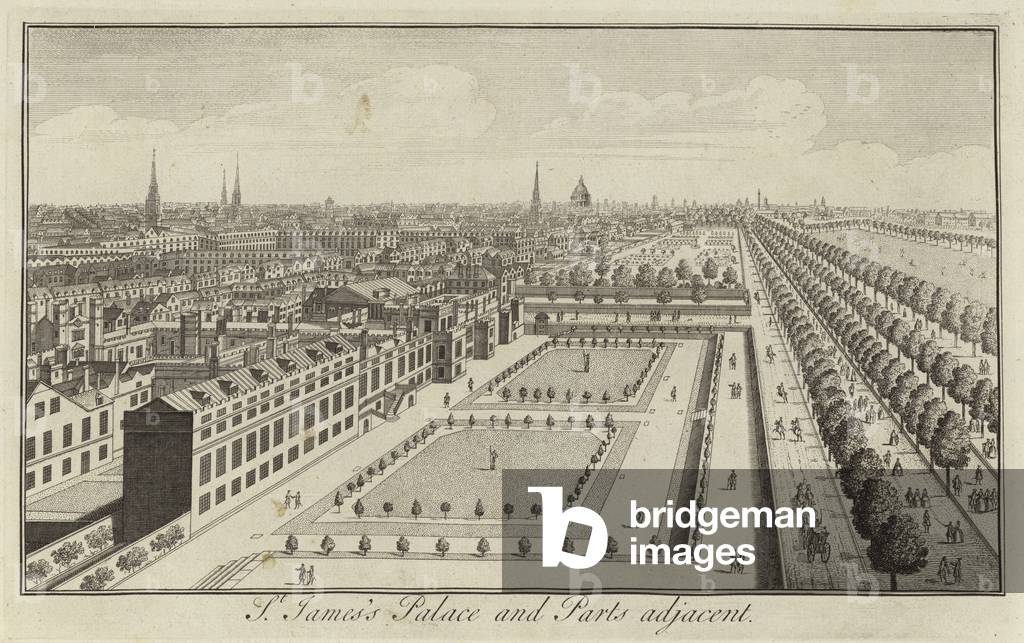 "St James's Palace e parti adiacenti" di English School, b/w