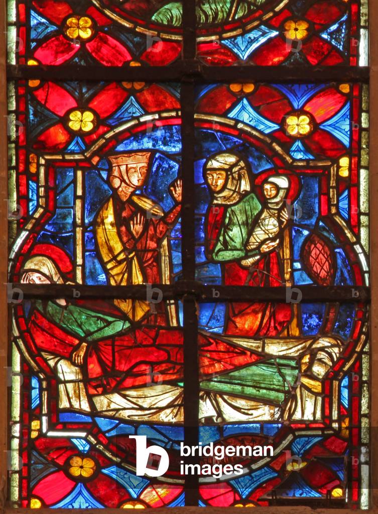 Window w212 depicting the birth of St John the Baptist (stained glass) by French Artist