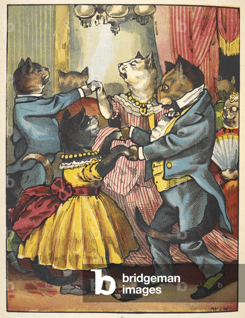 Cats dancing at a party.