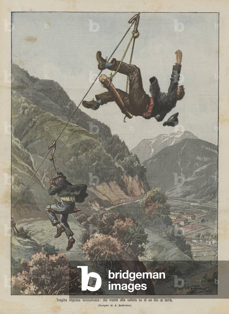 Tragisches jungenhaftes Unterfangen, auf einem Draht vom Berg ins Tal (Colour Litho)