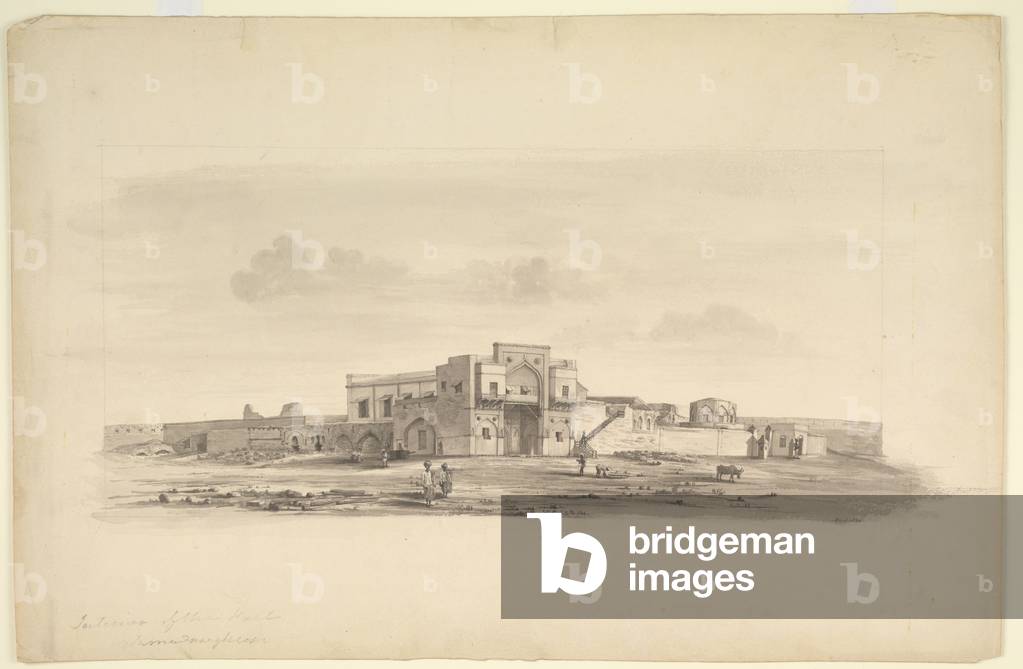 Interior of the Fort. Ahmudnughur April 1831'
Pen and ink and wash drawing of Ahmadnagar Fort by William Mill