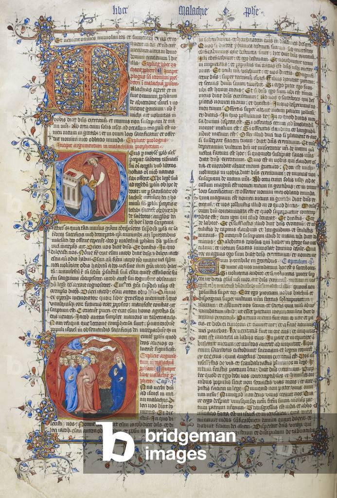 "Eröffnung des Buches Malachi: Verzierte Initiale “M”; Initialen “D” und “O” mit Miniaturen"