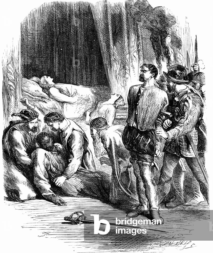 Shakespeare Otello Atto 5: Desdemona ed Emilia giacciono morti, Otello si è pugnalato e Iago viene preso prigi