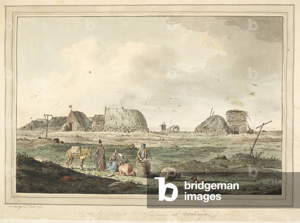 “Vue de la maison de Torsten à ?. Un pêcheur qui coupe le poisson au-dessus d'un baril ; deux femmes avec lui.