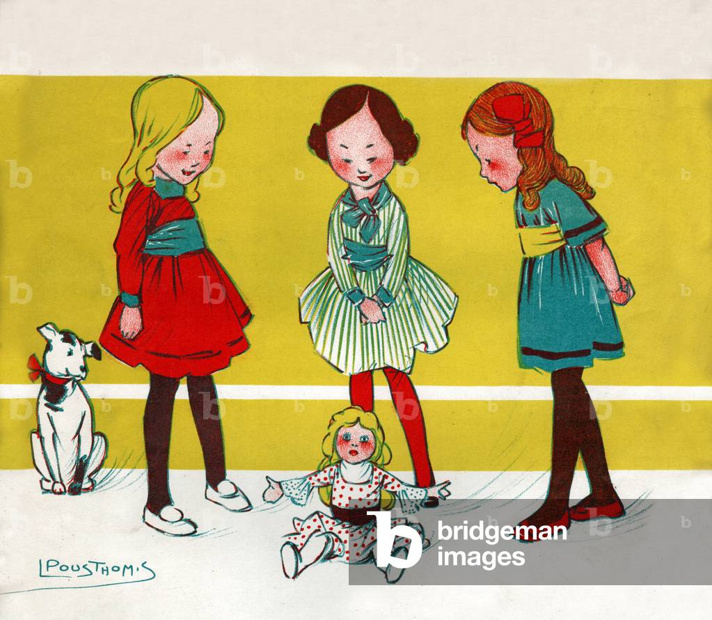 Ragazze che giocano una bambola. circa 1910 (Illustrazione)