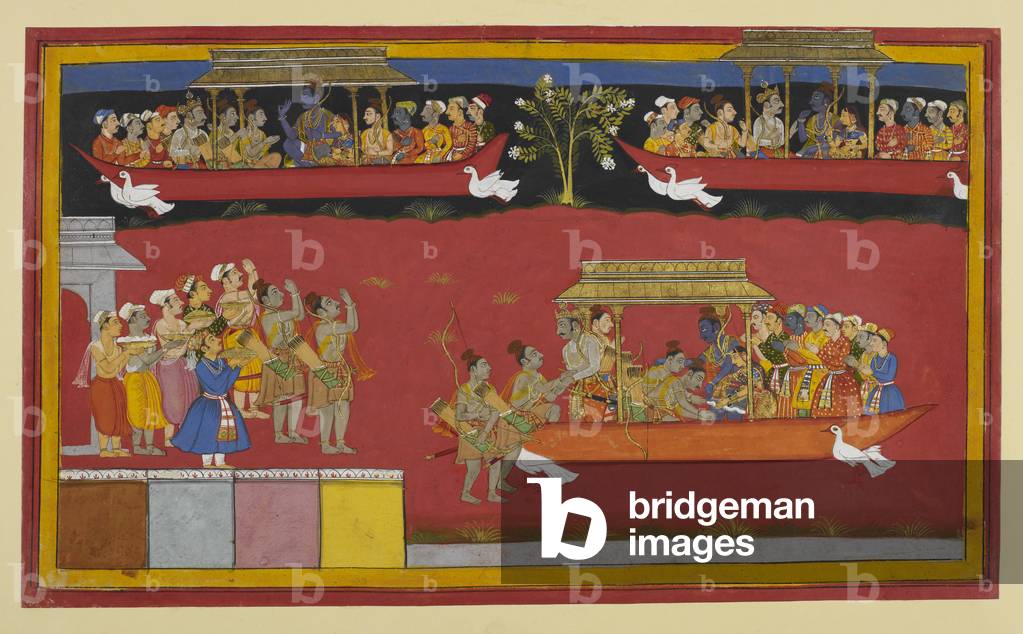 Bharata und Śatrughna grüßen Rāma und Sītā bei der Abreise des Puṣpaka, 1653 (Miniatur)