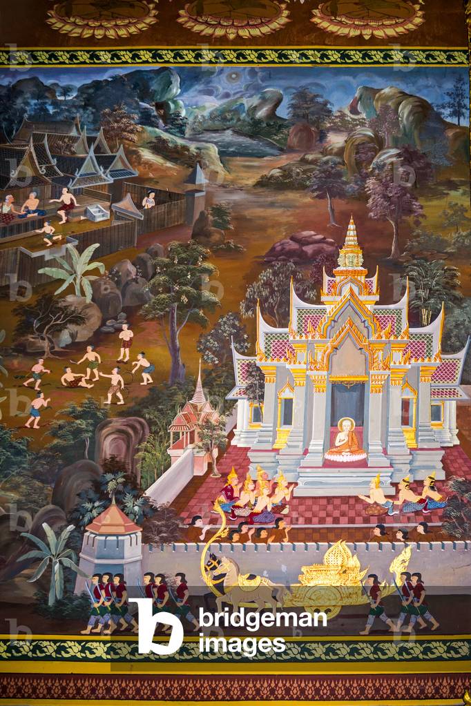 "Dipinti di scene di villaggi con Buddha in Thailandia"