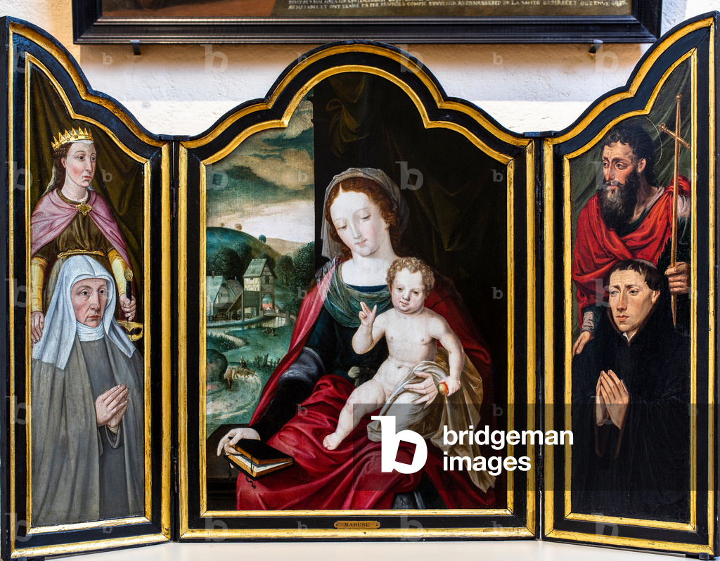 Virgin and Child with Saint Catherine, Saint John the Baptist and donors, 16th century (oil on wood)