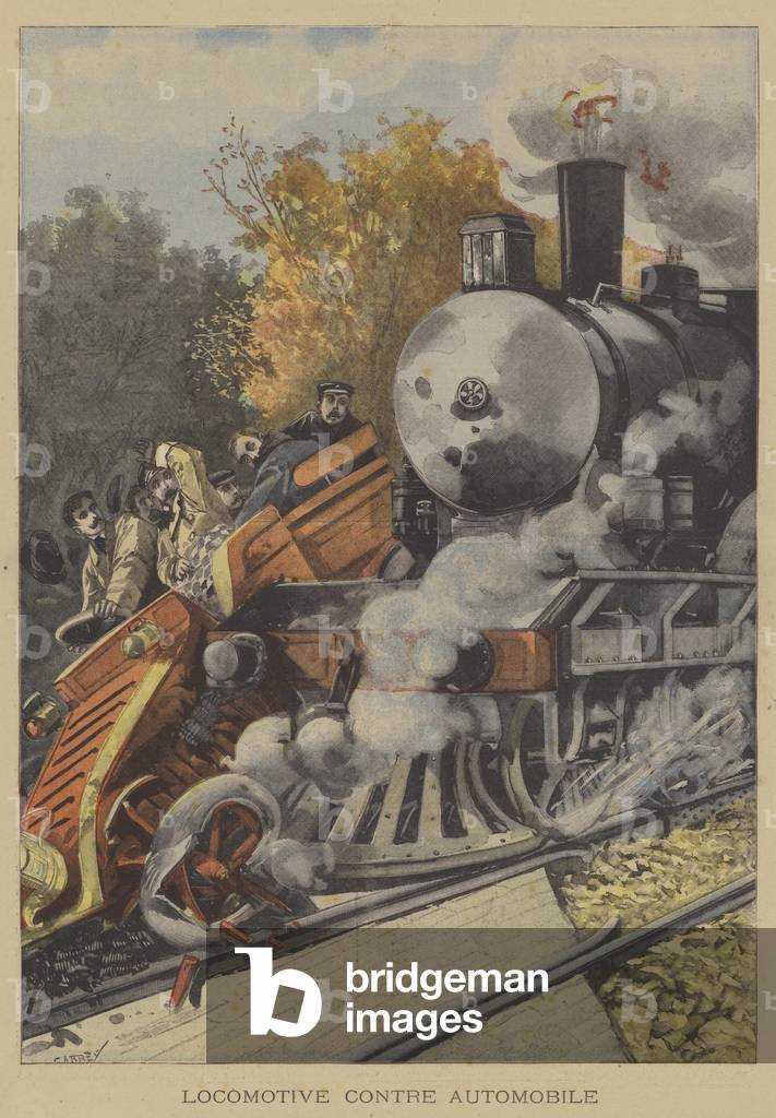 A car struck by a train (colour litho) by French Artist