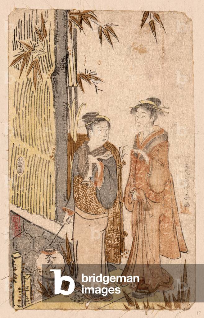 Fukagawa Geijya, Geisha aus Fukagawa. Der Druck zeigt zwei Frauen, die vor einem Gebäude spazieren gehen, wobe
