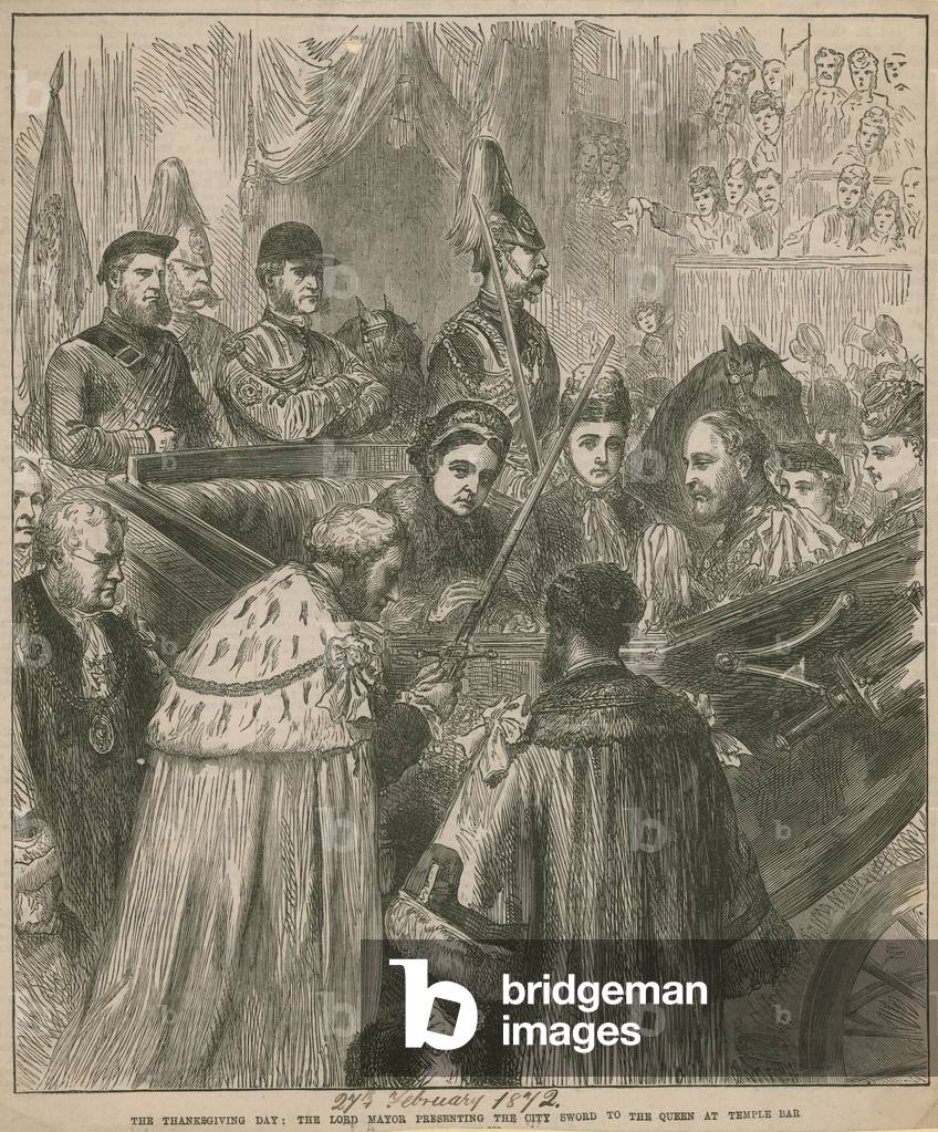 Der Herr Bürgermeister präsentiert die Stadt Schwert an der Königin in Temple Bar (Gravur)